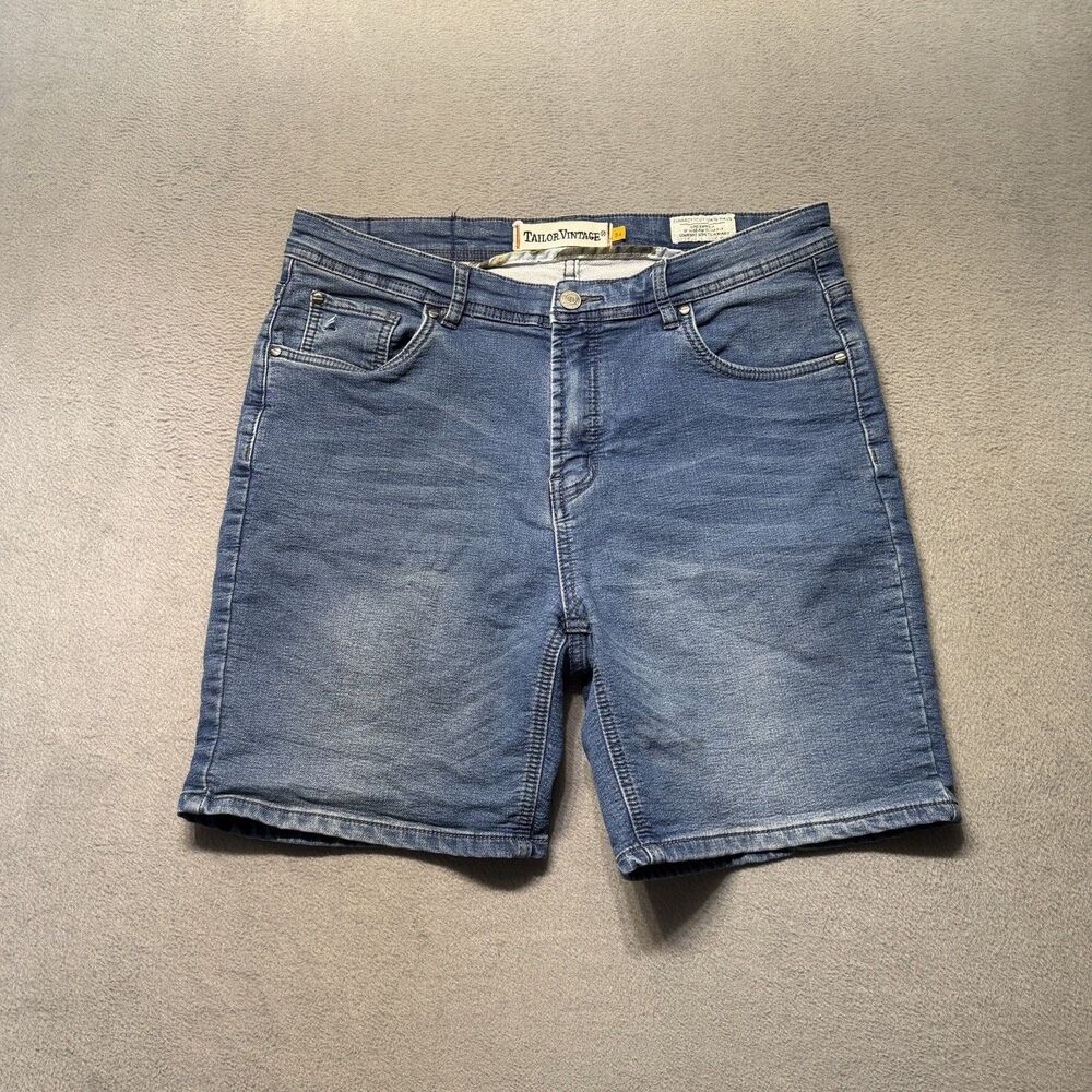 Tailor Vintage Mens 34 Greenwich 8” Slim Fit Denim Shorts Blue Comfort Stretch